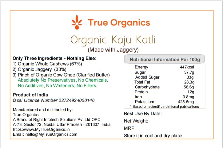 Organic Kaju Katli 450grams (Made with Organic Jaggery)